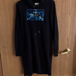 Calvin Klein Black Hoodie Dress with Blue Camo Logo Patch